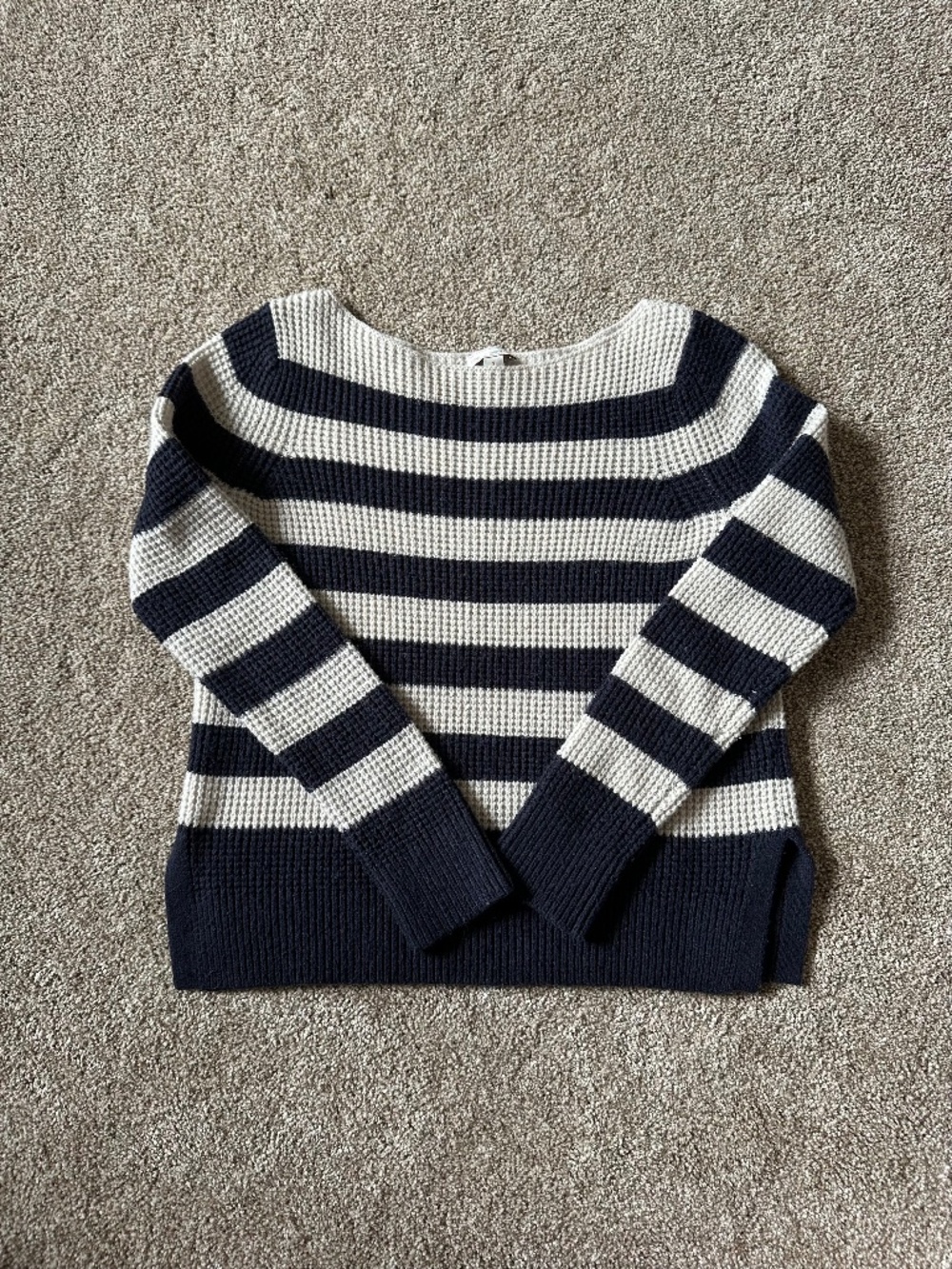 Gap Navy Cream Striped Waffle Knit Sweater Boat Neck Nautical Pullover Size S